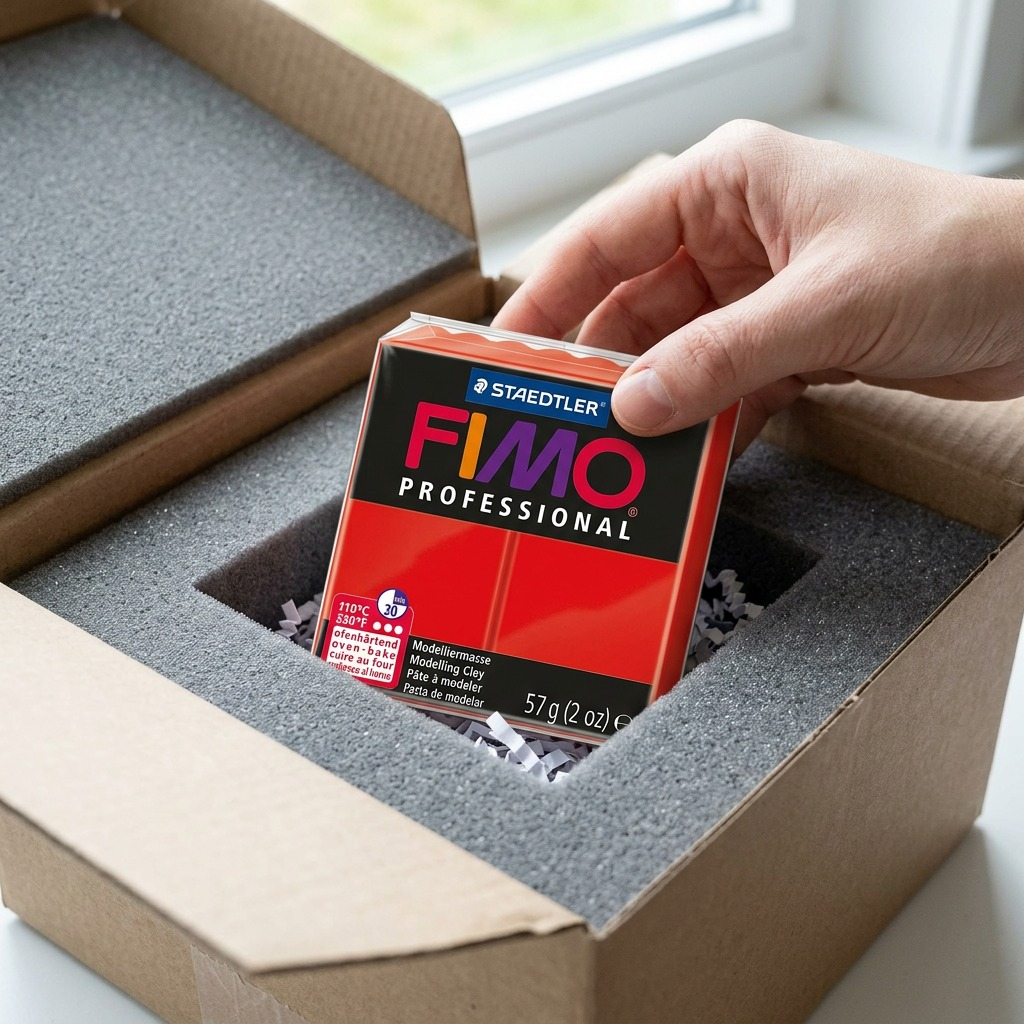 A premium unboxing view of a STAEDTLER Fimo True Red block nestled in a cushioned shipping box.