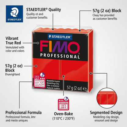 Operational features infographic for STAEDTLER FIMO Professional red clay, calling out formula, bake temperature, and segmented design.