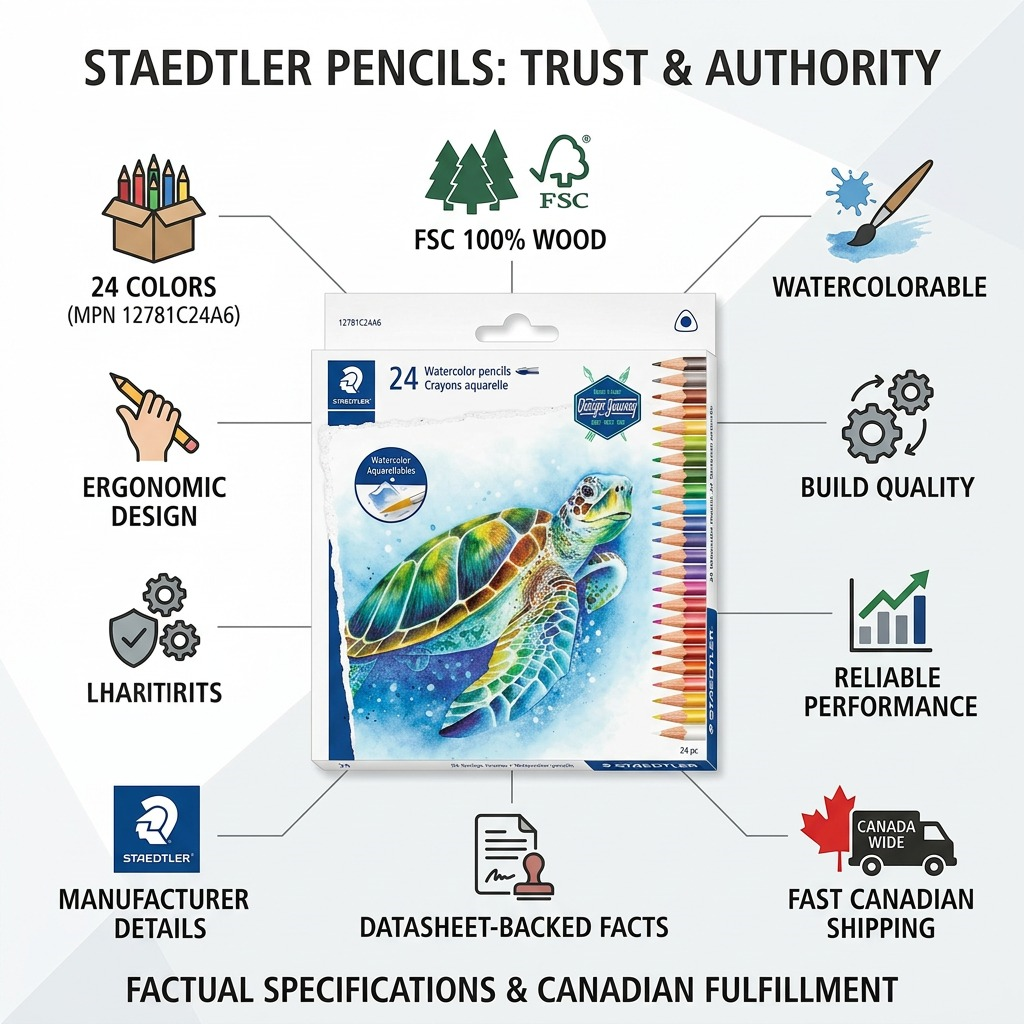 A trust-focused infographic centered on the STAEDTLER Design Journey 24 Watercolor Pencils, highlighting key features like FSC 100% wood, ergonomic design, and datasheet-backed facts with clean icons. It features a prominent "Canada Wide" delivery icon.