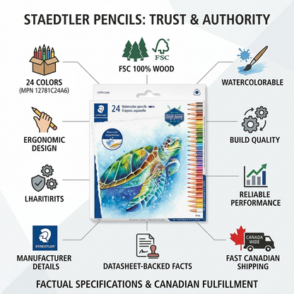 A trust-focused infographic centered on the STAEDTLER Design Journey 24 Watercolor Pencils, highlighting key features like FSC 100% wood, ergonomic design, and datasheet-backed facts with clean icons. It features a prominent "Canada Wide" delivery icon.