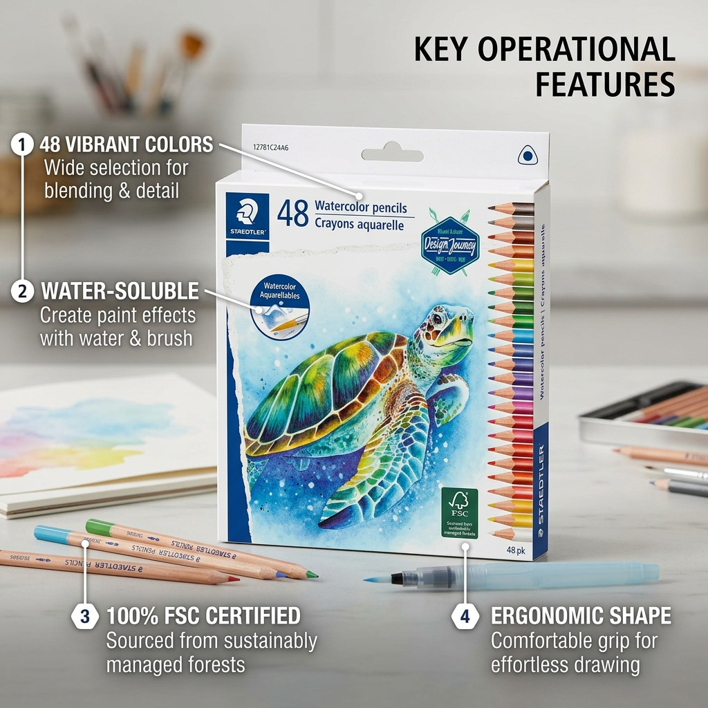 Feature callout guide: STAEDTLER pencils (48pk) highlighted features and benefits.