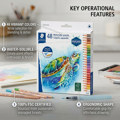 Feature callout guide: STAEDTLER pencils (48pk) highlighted features and benefits.