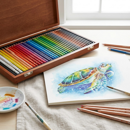 Close-up photo of a creative space with a sea turtle watercolor sketch and vibrant STAEDTLER pencils and a blue paint brush.