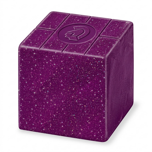 High-resolution 3/4 hero shot of one 57g block of STAEDTLER Fimo Effect Galaxy Purple clay (MPN: 8010-602) showing its distinct deep purple color with micro-glitter and the embossed STAEDTLER logo.