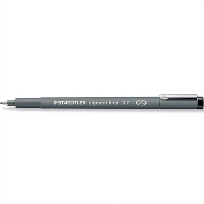 A high-resolution, centered view of the grey STAEDTLER pigment liner 0.7 pen on a clean white background.