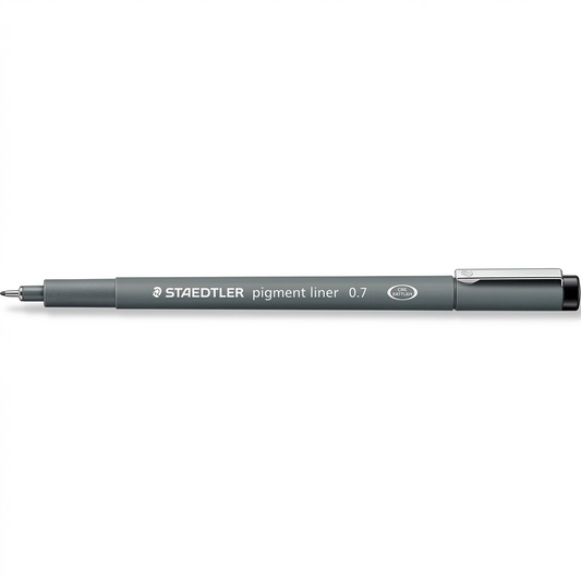 A high-resolution, centered view of the grey STAEDTLER pigment liner 0.7 pen on a clean white background.