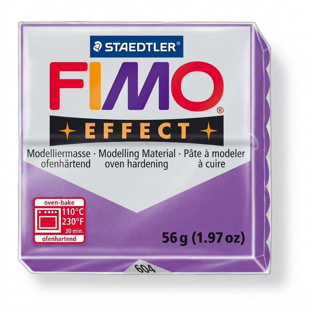 A sharp, centered photograph of a block of purple STAEDTLER FIMO Effect modelling clay (8020-604), showing its correct shape, color, and size (56g) on a pure white background with a subtle shadow.