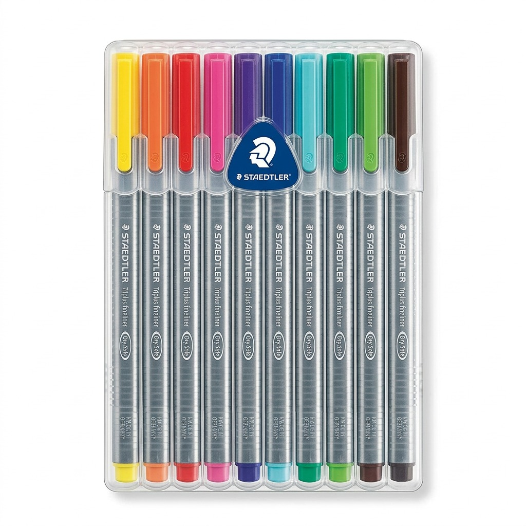 A pure high-resolution hero shot of the 10-pack STAEDTLER Triplus Fineliner set on a white background.
