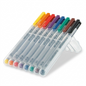 High-resolution hero shot of an 8-pack of STAEDTLER Lumocolor non-permanent markers in a clear plastic case.