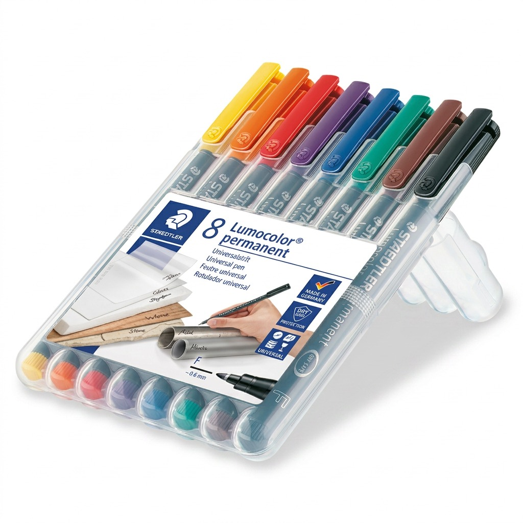 Pure high-resolution photo of the STAEDTLER Lumocolor permanent markers 8-pack standing upright on a seamless white background.
