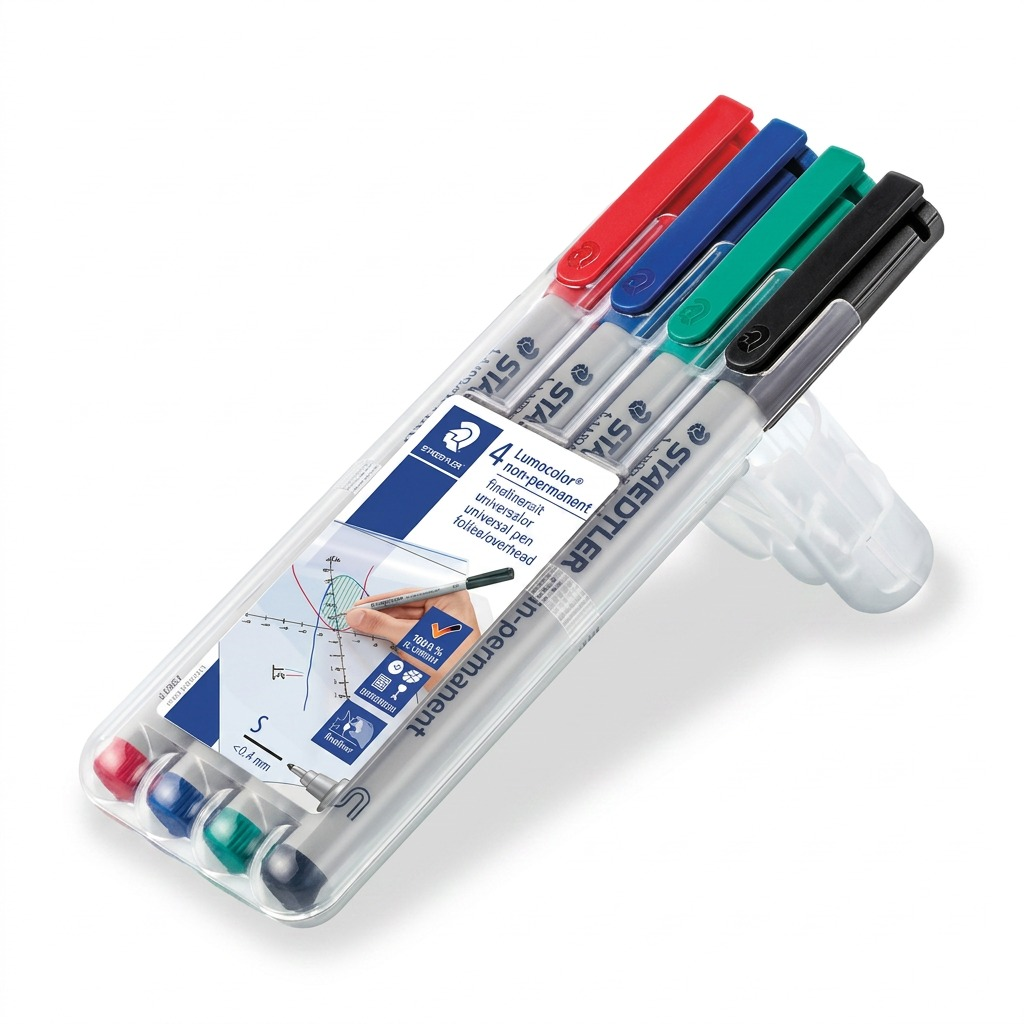 Pure high-resolution hero shot of four STAEDTLER Lumocolor non-permanent fineliner markers on white.