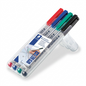 Pure high-resolution hero shot of four STAEDTLER Lumocolor non-permanent fineliner markers on white.