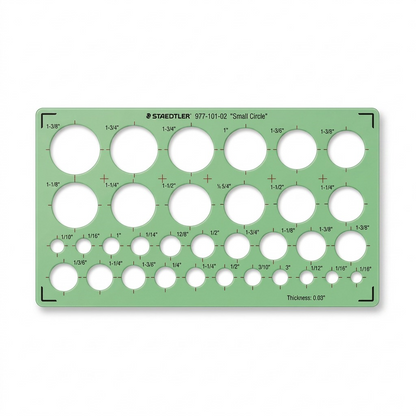 Here is a high-resolution hero shot of the STAEDTLER Small Circle template, featuring the correct sage green color, shape, and detailed markings for the PDP visual matrix. The generated alt text is: