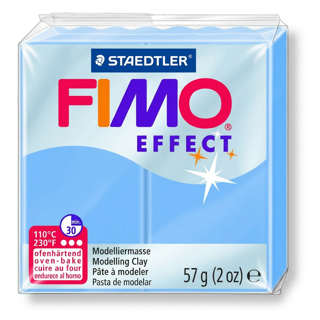 A central, high-resolution hero shot of a single block of STAEDTLER FIMO Effect Blue Agate modelling clay, in its clear wrap, set against a seamless pure white background.