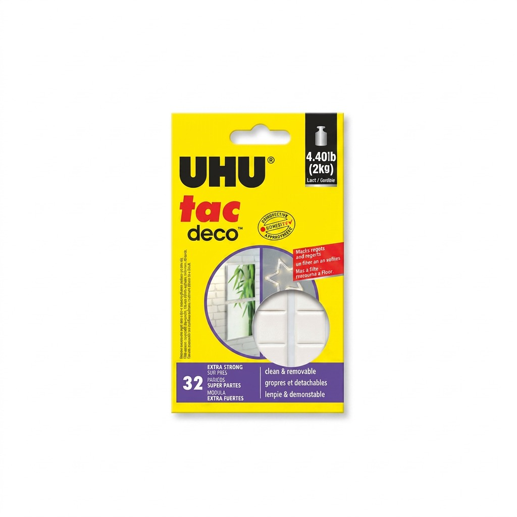 High-resolution hero shot of the STAEDTLER Mars UHU patafix deco pack (32 units) on white.
