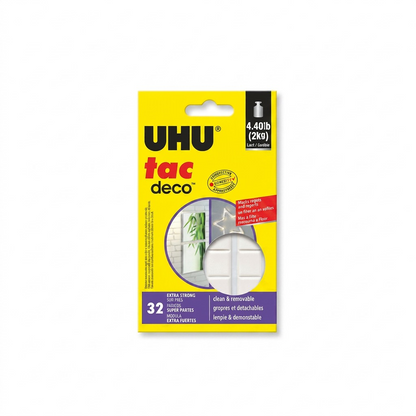 High-resolution hero shot of the STAEDTLER Mars UHU patafix deco pack (32 units) on white.