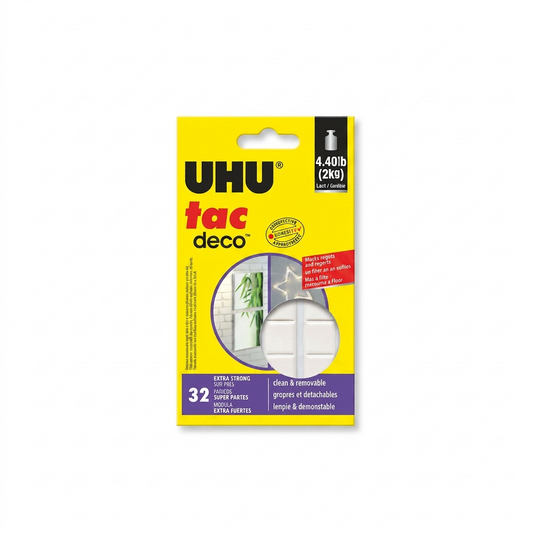 High-resolution hero shot of the STAEDTLER Mars UHU patafix deco pack (32 units) on white.