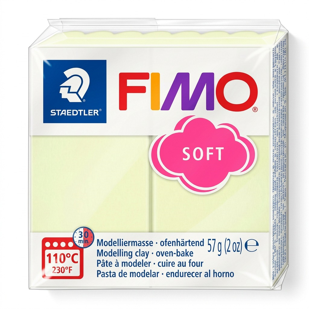 Single high-resolution pure ecommerce hero shot of a block of STAEDTLER Fimo Soft Vanilla modelling clay in its transparent packaging.