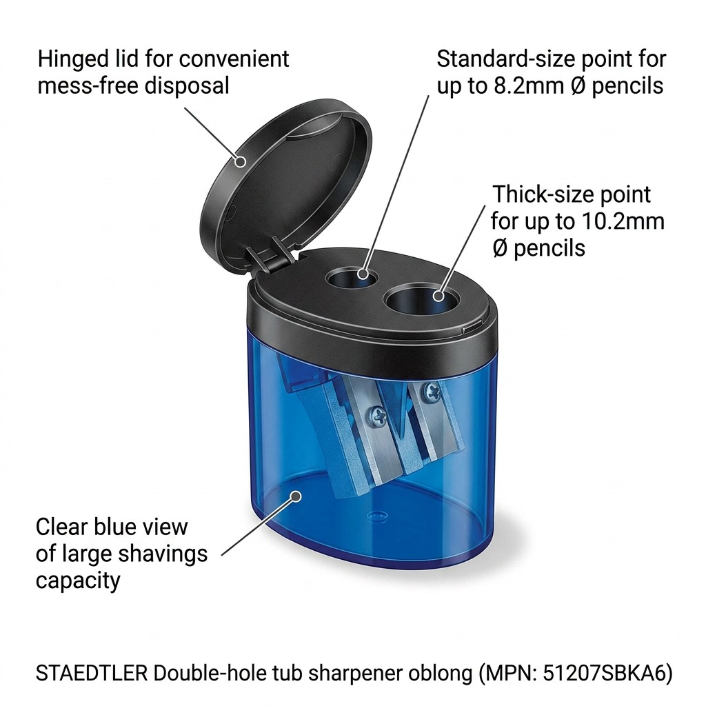 A dynamic feature graphic highlighting key technical features and benefits of the STAEDTLER Double-hole tub sharpener.