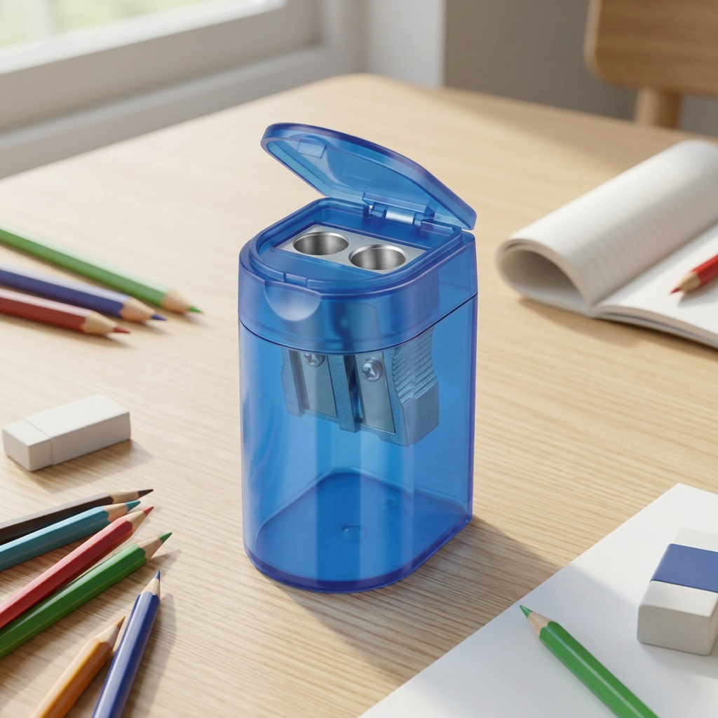 An 18-pack conceptual render of STAEDTLER double-hole blue tub sharpeners (MPN 51207SBKA6) in retail display.