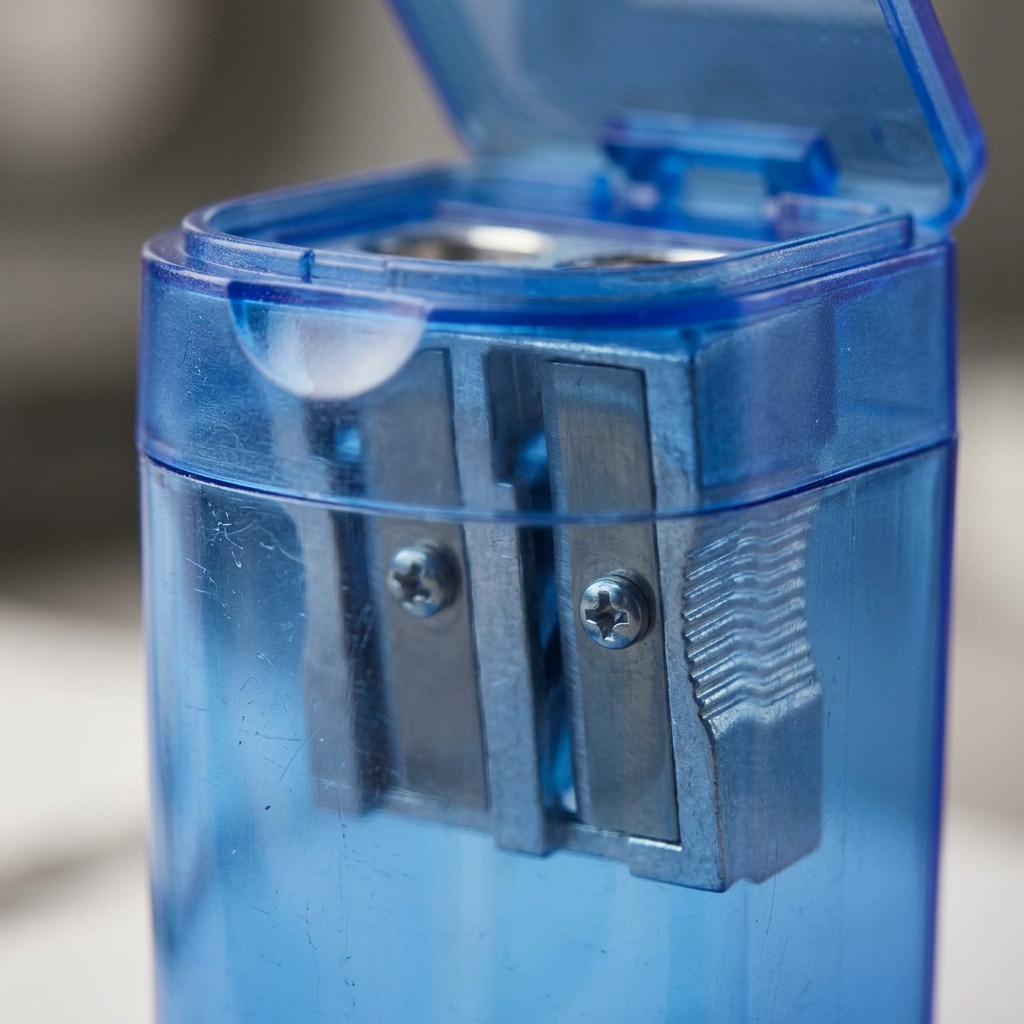 Extreme close-up of STAEDTLER tub sharpener with visible sharpening mechanism.