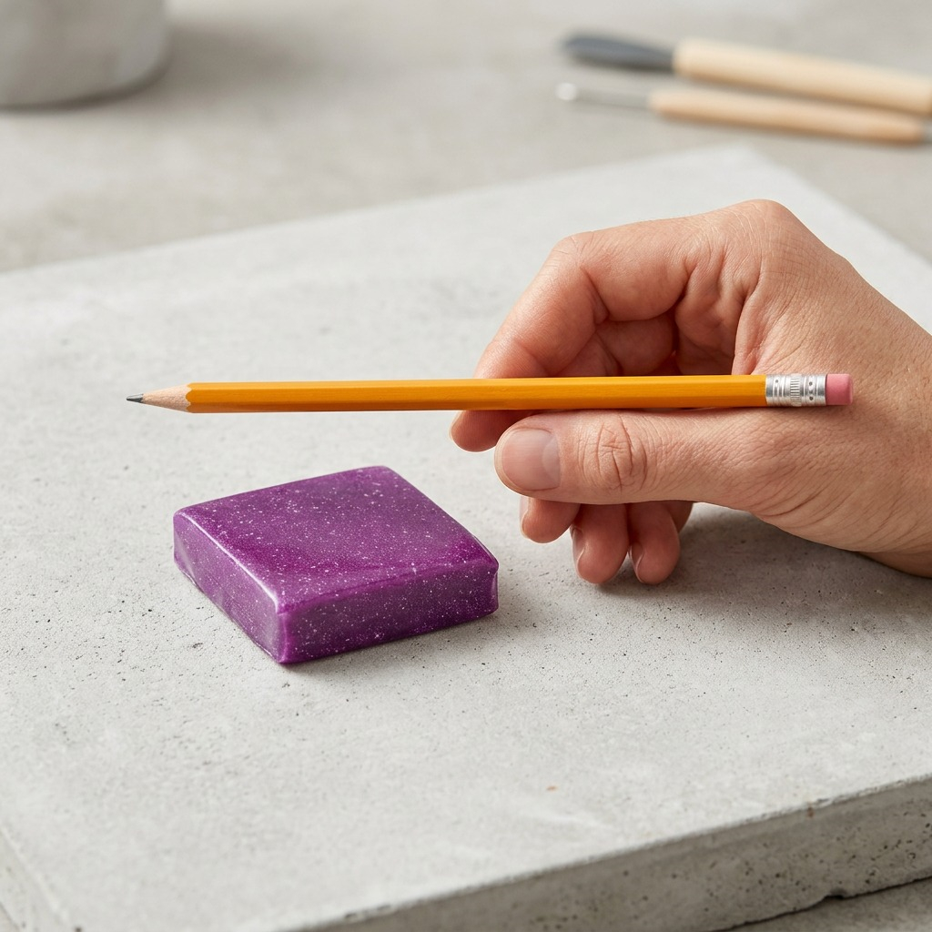 A 57g (2 oz) block of STAEDTLER FIMO Effect Galaxy Purple modelling clay shown next to a common pencil to demonstrate its small size.