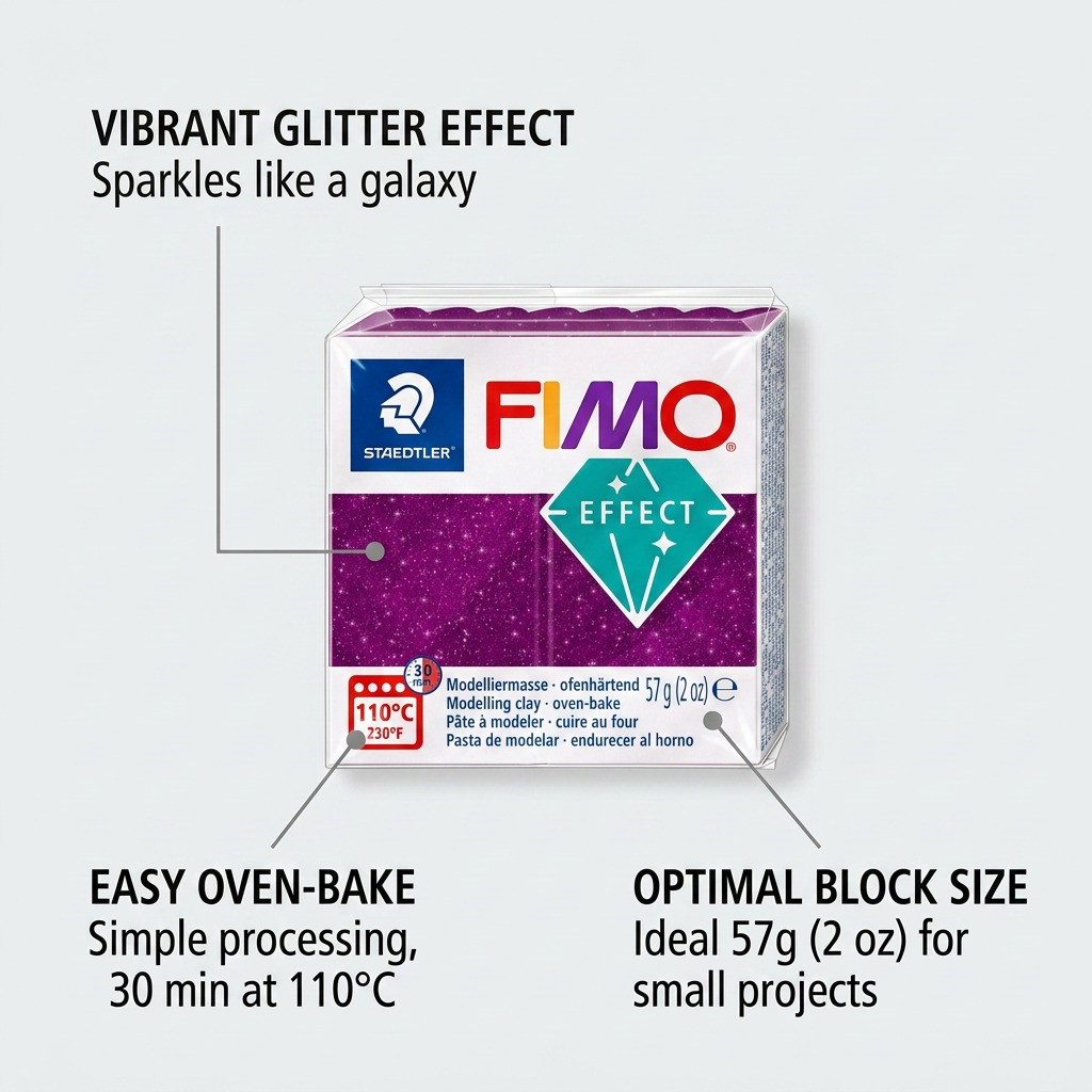 Fimo Effect Galaxy Purple clay pack with 3 key callouts: Glitter finish, easy oven-baking, and vibrant purple color.