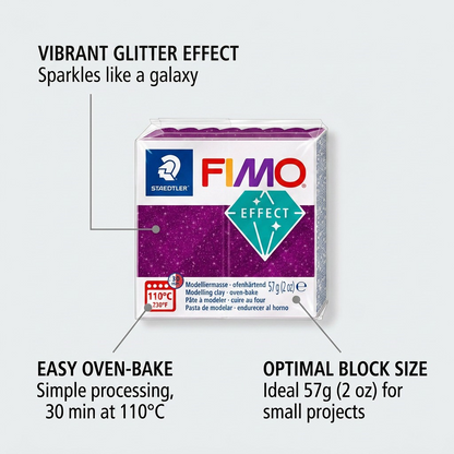 Fimo Effect Galaxy Purple clay pack with 3 key callouts: Glitter finish, easy oven-baking, and vibrant purple color.