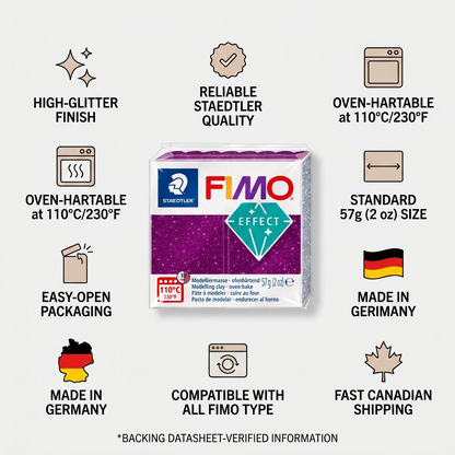 A clean infographic featuring the FIMO Effect Galaxy Purple product centered, surrounded by various authority and quality assurance icons and text.