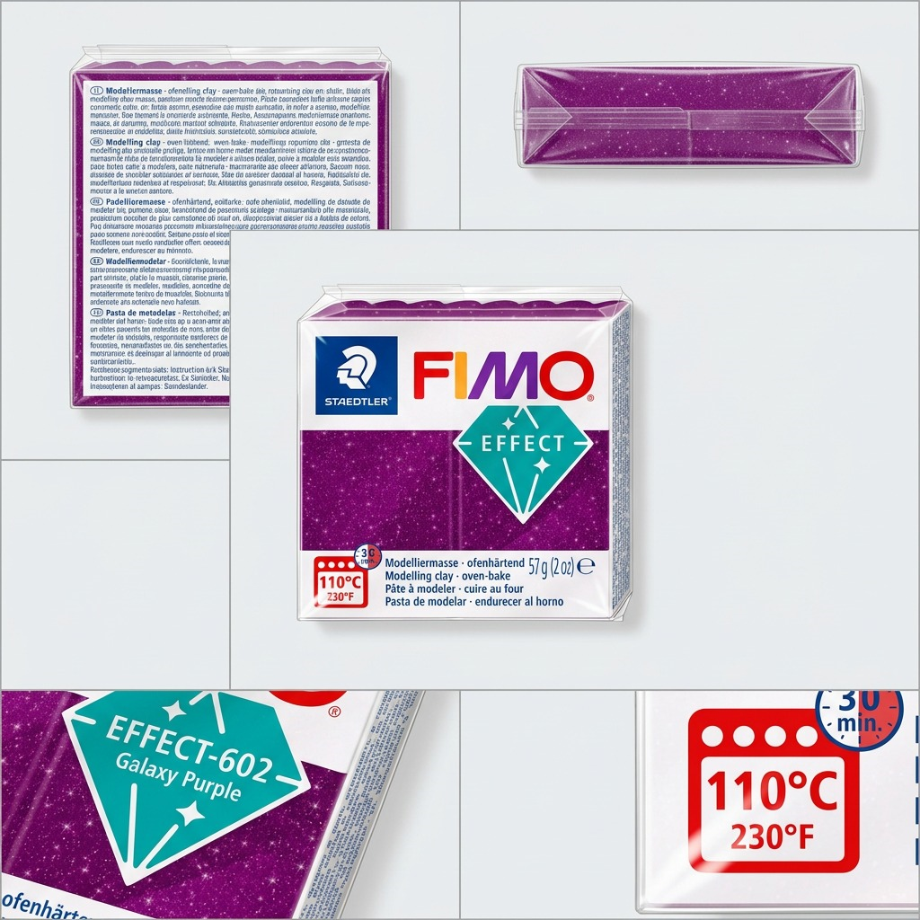 A five-panel gallery matrix displaying multiple angles of the STAEDTLER FIMO Effect Galaxy Purple modeling clay.
