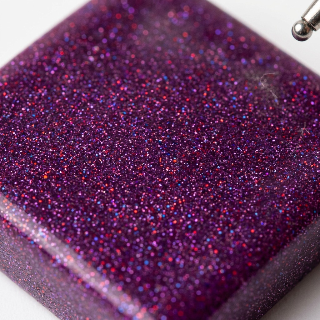 A macro photograph showing the dense glitter within the purple Fimo clay block texture and a sculpting tool tip.