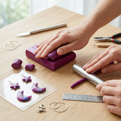 A close-up photograph of hands kneading STAEDTLER Fimo Effect Galaxy Purple modelling clay on a work table, creating cosmic jewelry.