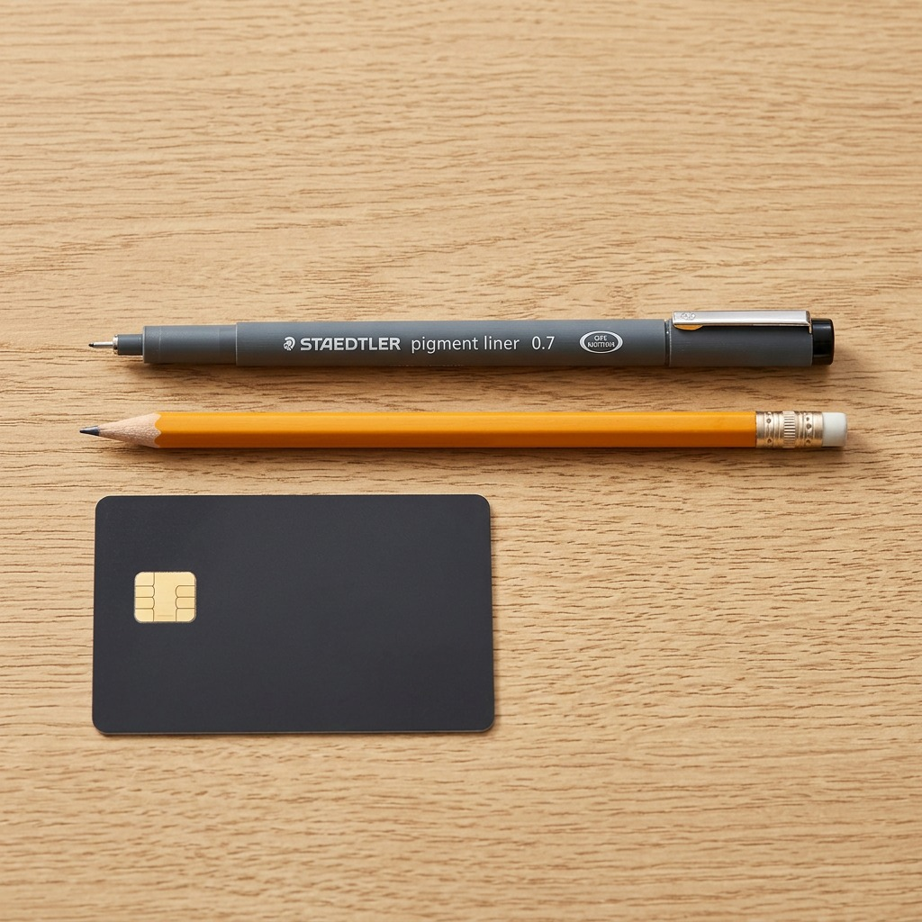 A detailed flat-lay photograph showing the STAEDTLER pigment liner 0.7 pen next to a common wooden and graphite pencil and a standard credit card for size comparison.