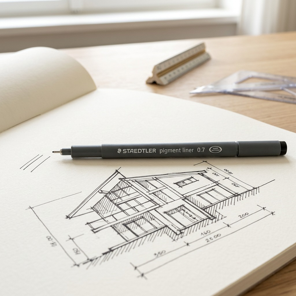 STAEDTLER 0.7mm pigment liner pen by a detailed architectural sketch on a paper pad.