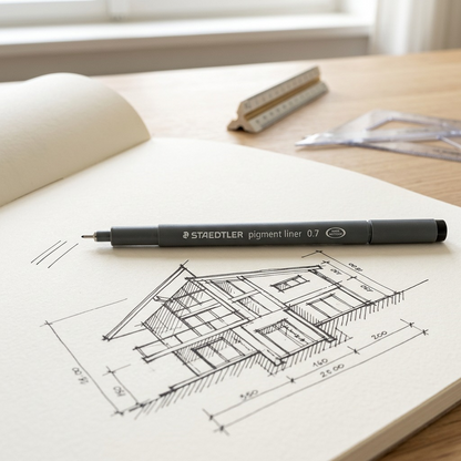 STAEDTLER 0.7mm pigment liner pen by a detailed architectural sketch on a paper pad.