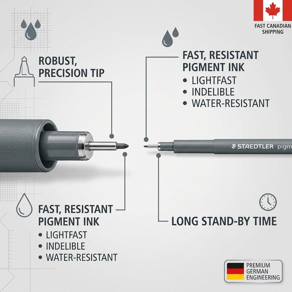 STAEDTLER pigment liner feature chart: robust precision tip and water-resistant ink highlighted.
