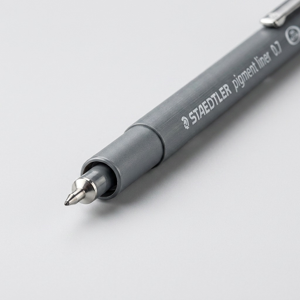 A macro close-up of the metal-clad 0.7mm tip and precision marking on the STAEDTLER pigment liner.