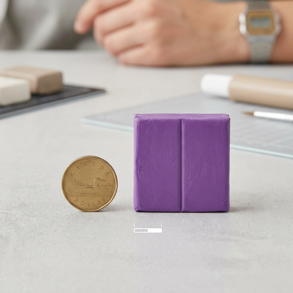A photo-realistic scale reference image showing a block of purple Fimo Effect modelling clay beside a Canadian one-dollar coin.