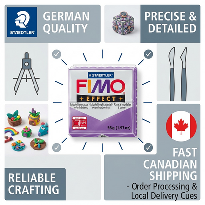 Fimo Effect Purple (8020-604) infographic with quality, precision, reliable crafting, and Canadian shipping cues.