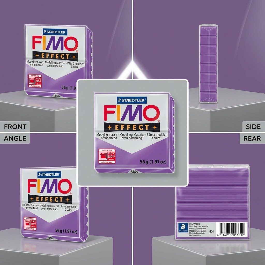 An illustrative visual matrix showcasing the Fimo Effect Purple clay package from four distinct, accurate angles in a premium grid layout.