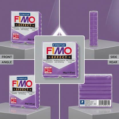 An illustrative visual matrix showcasing the Fimo Effect Purple clay package from four distinct, accurate angles in a premium grid layout.