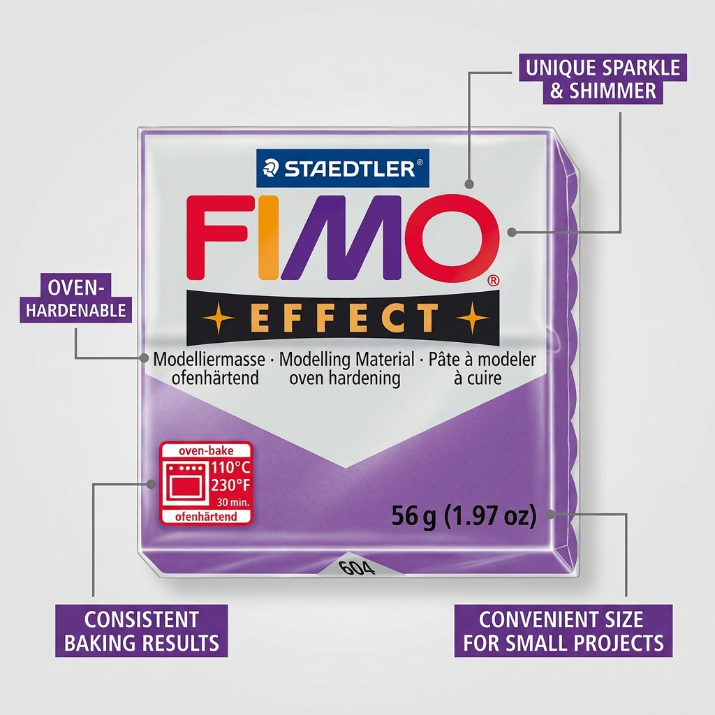 Feature callout graphic highlighting the Fimo Effect clay's properties like oven hardening, shimmer, and standard temperature.