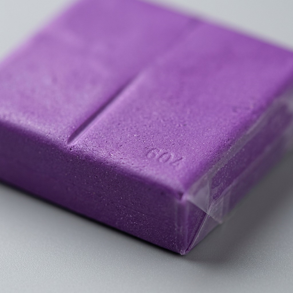 Macro close-up of a Staedtler Fimo Effect purple clay block, detailing its fine texture.