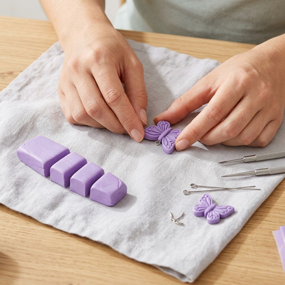A realistic, detailed application of Staedtler FIMO Effect Purple 604 clay forming a custom lavender butterfly pendant on a soft linen surface, shown in bright, natural light.