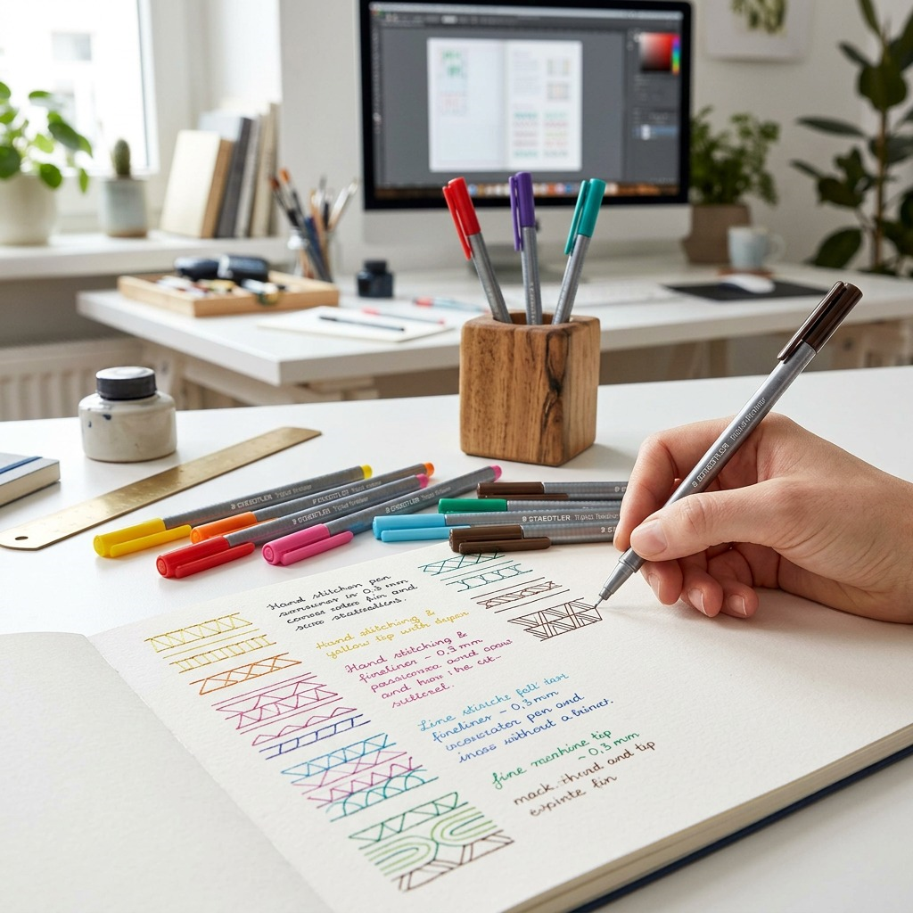A close-up photograph of the 10 STAEDTLER Triplus Fineliner pens (from image_0.png) in a realistic desktop art studio, next to an open, textured journal with color tests. Warm natural light. The pens are arranged on the table...