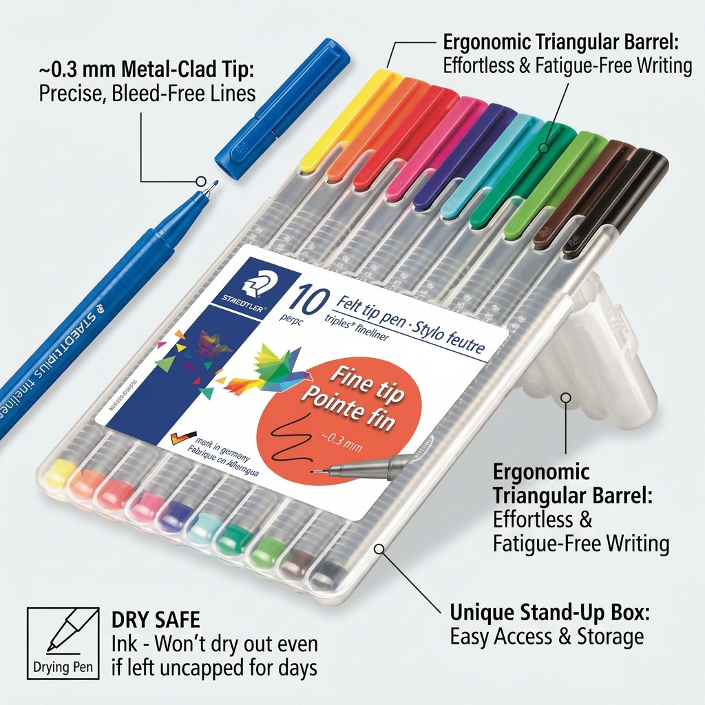 A feature graphic for the STAEDTLER triplus fineliner set, with labels highlighting its operational benefits.