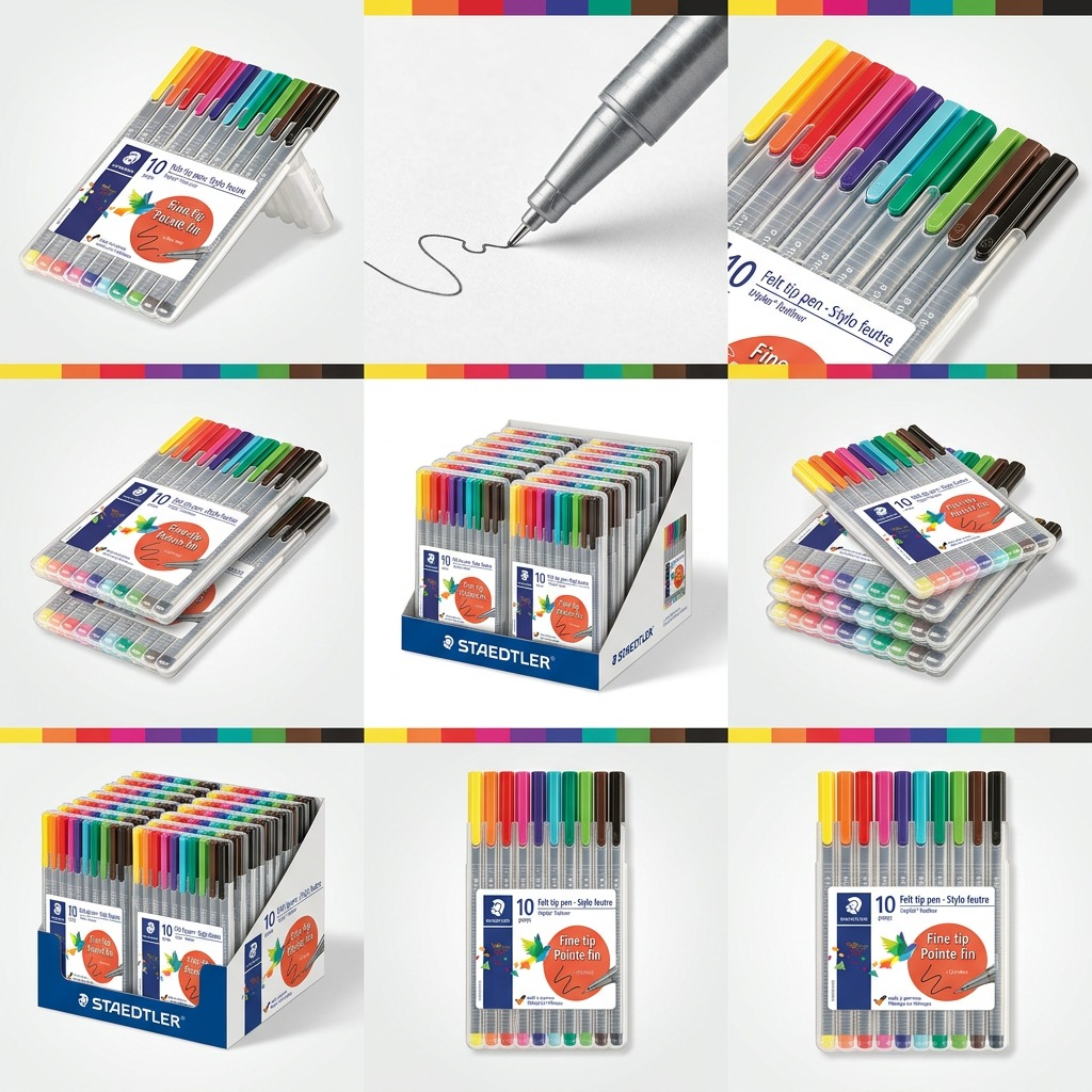 A 3x3 grid displaying multiple configurations and angles of the STAEDTLER colored fineliner sets on a premium background with subtle color blocks.