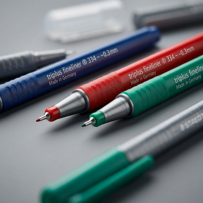 A macro view of two STAEDTLER triplus fineliner points, showing precise ~0.3mm metal-clad felt tips and textured triangular grips.