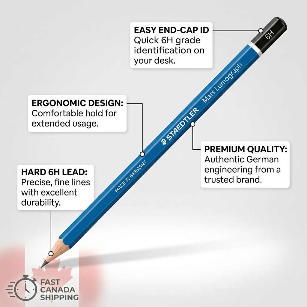 A feature callout graphic for the STAEDTLER Mars Lumograph 6H pencil, highlighting key technical benefits for users.