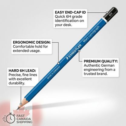 A feature callout graphic for the STAEDTLER Mars Lumograph 6H pencil, highlighting key technical benefits for users.